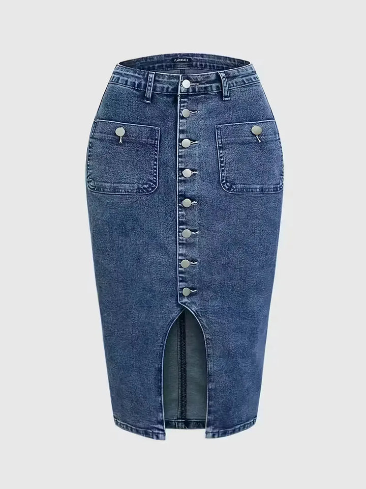 Moderne high-waist dames spijkerrok met elegante split en knoopsluiting. Koningsblauwe midi denim, streetwear.