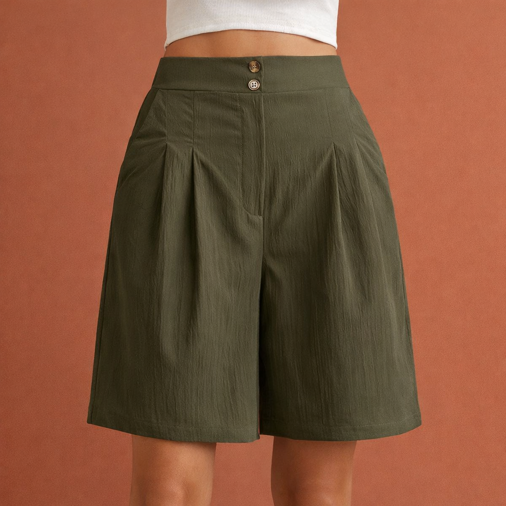 Stijlvolle dames korte broek: high waisted, wide leg. Benadrukt de taille, comfortabele pasvorm.
