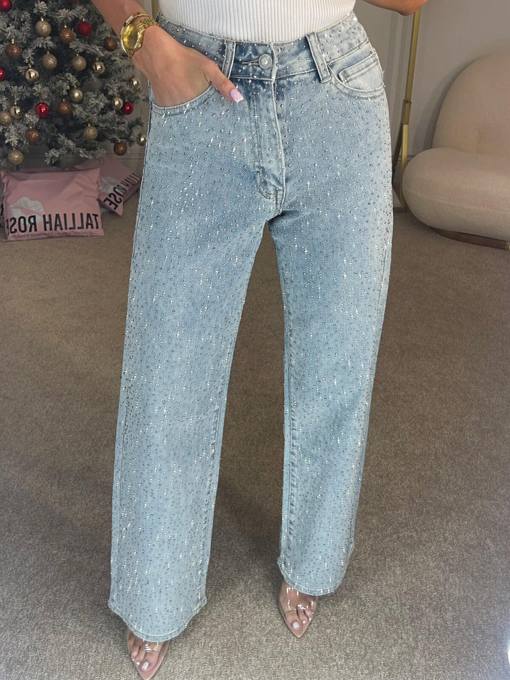 Moderne dames hoge taille jeans met unieke sprankelende afwerking, perfect voor elke gelegenheid.