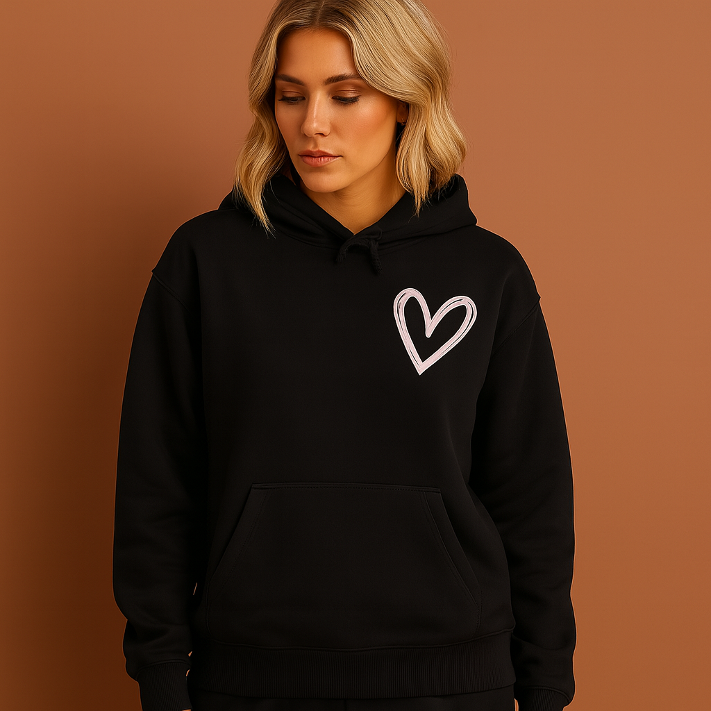 Zachte dames hoodie met subtiele hartjesprint, ideaal voor comfortabele casual outfits in de herfst.
