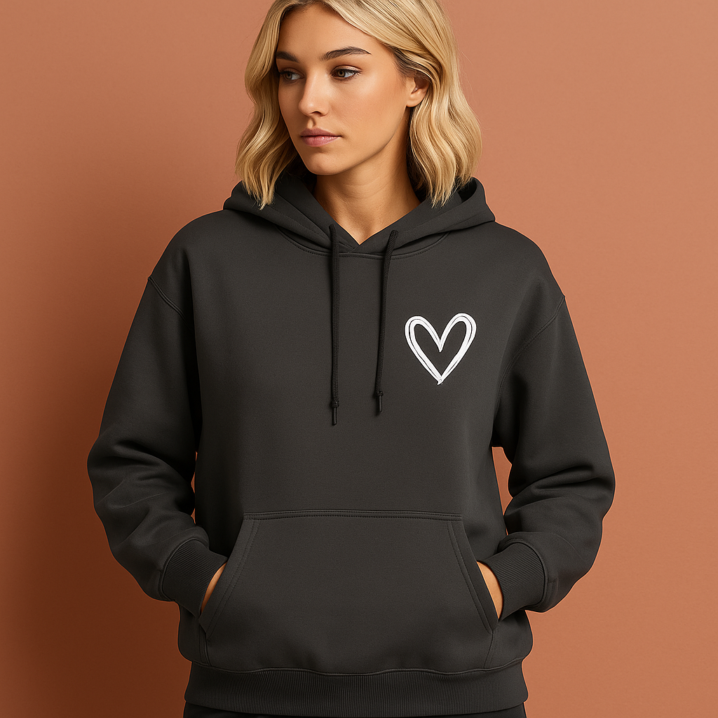 Close-up: subtiele hartprint op zachte dames hoodie, comfortabele en trendy herfst/winter dameskleding.