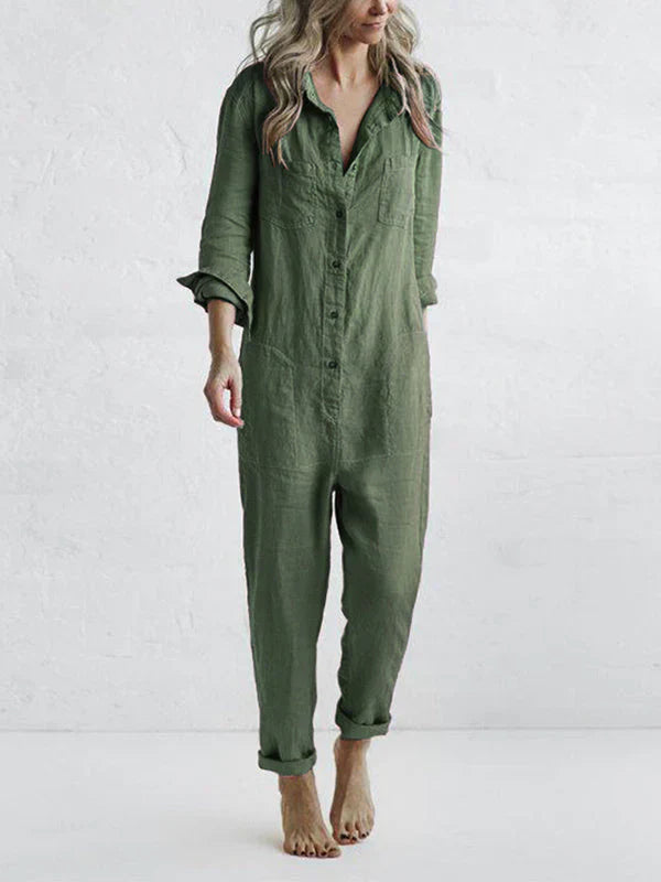 Dames Hoymans linnen jumpsuit, vintage design met knoopsluiting, casual chic zomerkleding.