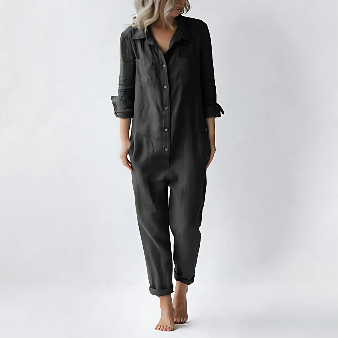 Hoymans linnen jumpsuit dames, kenmerkend vintage design, comfortabele enkellengte, zomerklaar.
