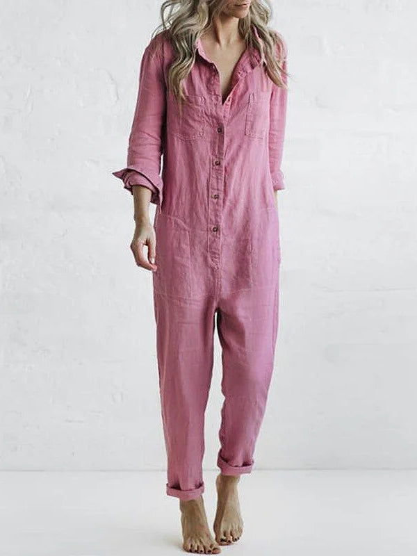 Linnen jumpsuit voor dames van Hoymans, met vintage look en comfortabele enkellengte.