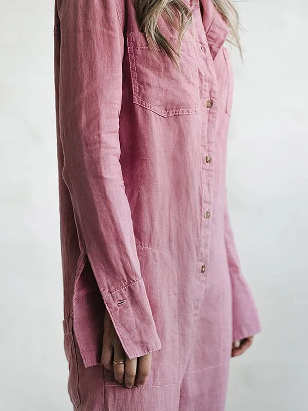 Vintage dames jumpsuit van linnen, Hoymans merk, perfect voor zomerse casual chic mode.