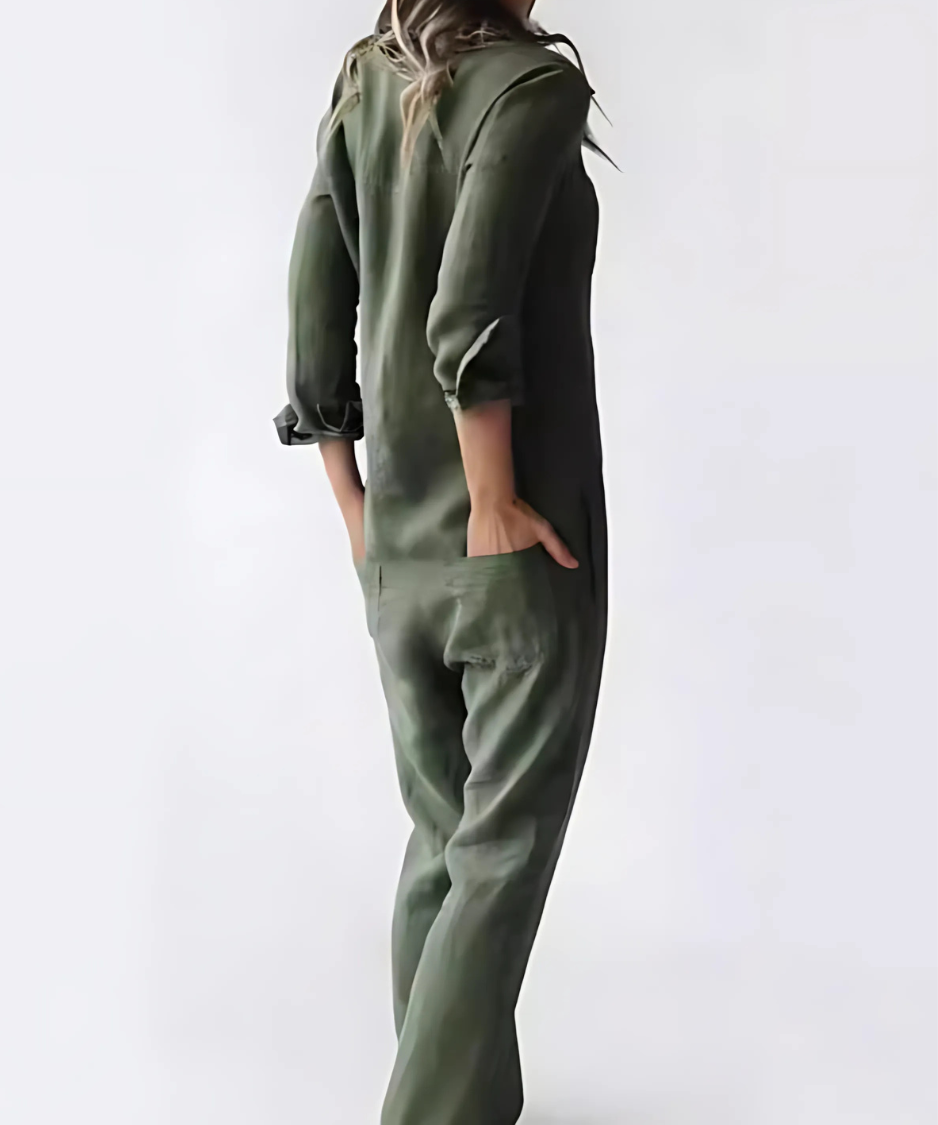 Zomerse damesmode: Hoymans linnen jumpsuit in vintage design, ideaal voor casual chique.