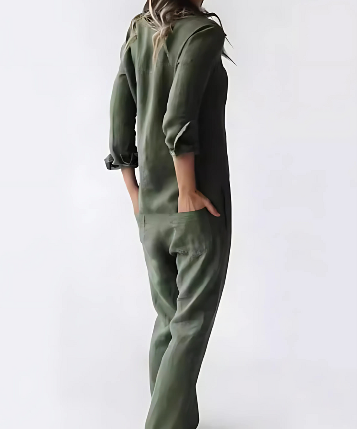 Zomerse damesmode: Hoymans linnen jumpsuit in vintage design, ideaal voor casual chique.