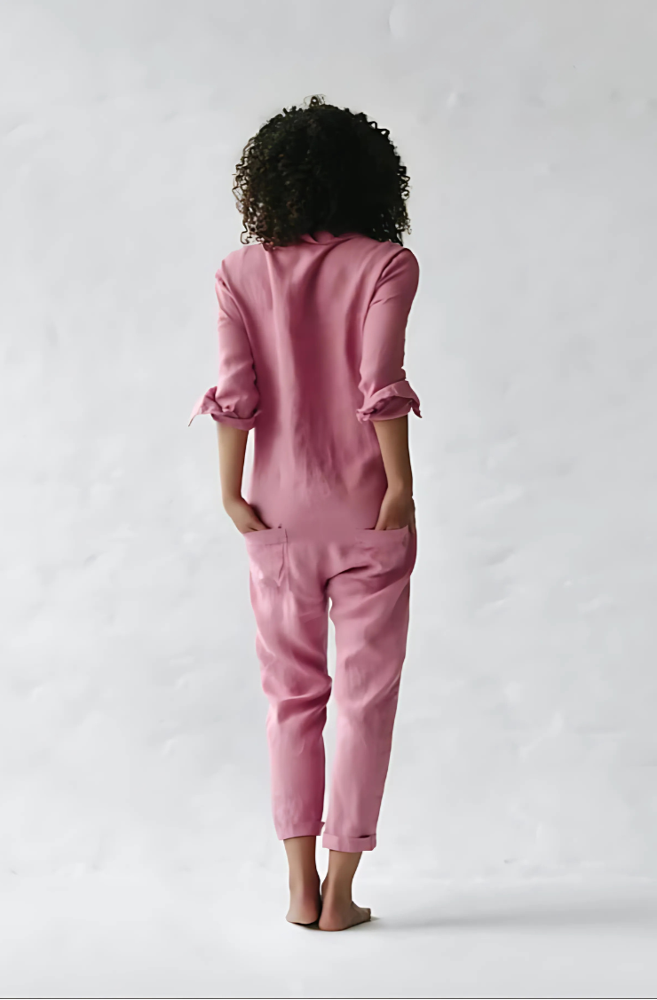 Chique casual Hoymans linnen jumpsuit, vintage geïnspireerd, comfortabele zomerkleding dames.