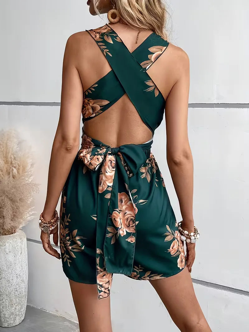 Comfortabele dames jumpsuit, mouwloos, met bloemenprint, V-hals en wijde pijpen voor de zomer.
