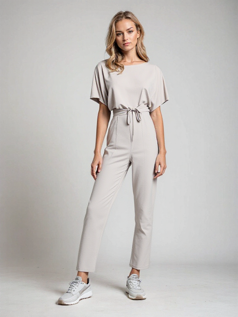 Trendy dames jumpsuit met korte mouwen en verstelbare ceintuur, perfect voor zomerse dagen.