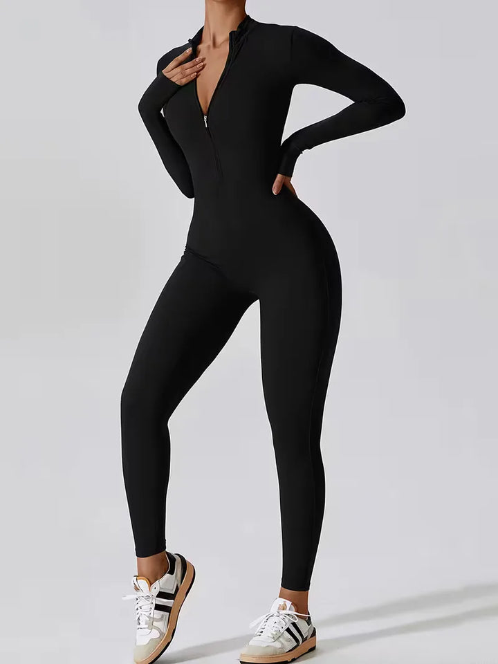 Mock halslijn jumpsuit voor dames, comfortabele sportoutfit of casual kleding, rekbaar.