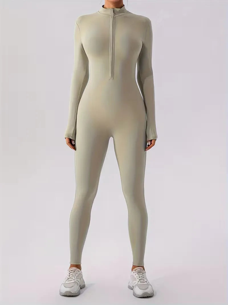Hoge taille dames jumpsuit, rekbaar en comfortabel, lange mouwen voor extra warmte.