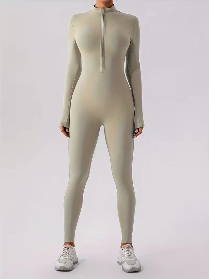 Hoge taille dames jumpsuit, rekbaar en comfortabel, lange mouwen voor extra warmte.