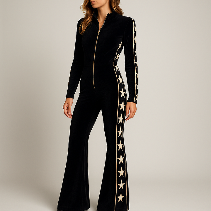 Dames jumpsuit met wijde pijpen, trendy sterrenprint en praktische voorrits voor een moderne, comfortabele look.