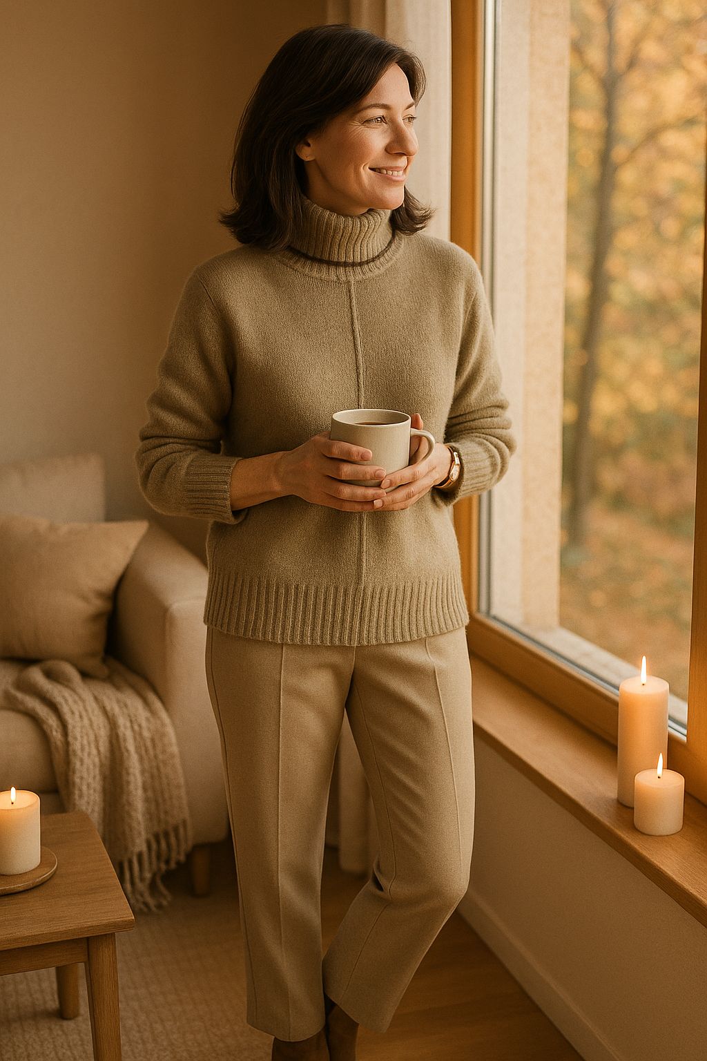 "Dames kasjmier coltrui, luxe khaki trui met contrasterende accenten, warm en elegant voor herfstseizoenen."