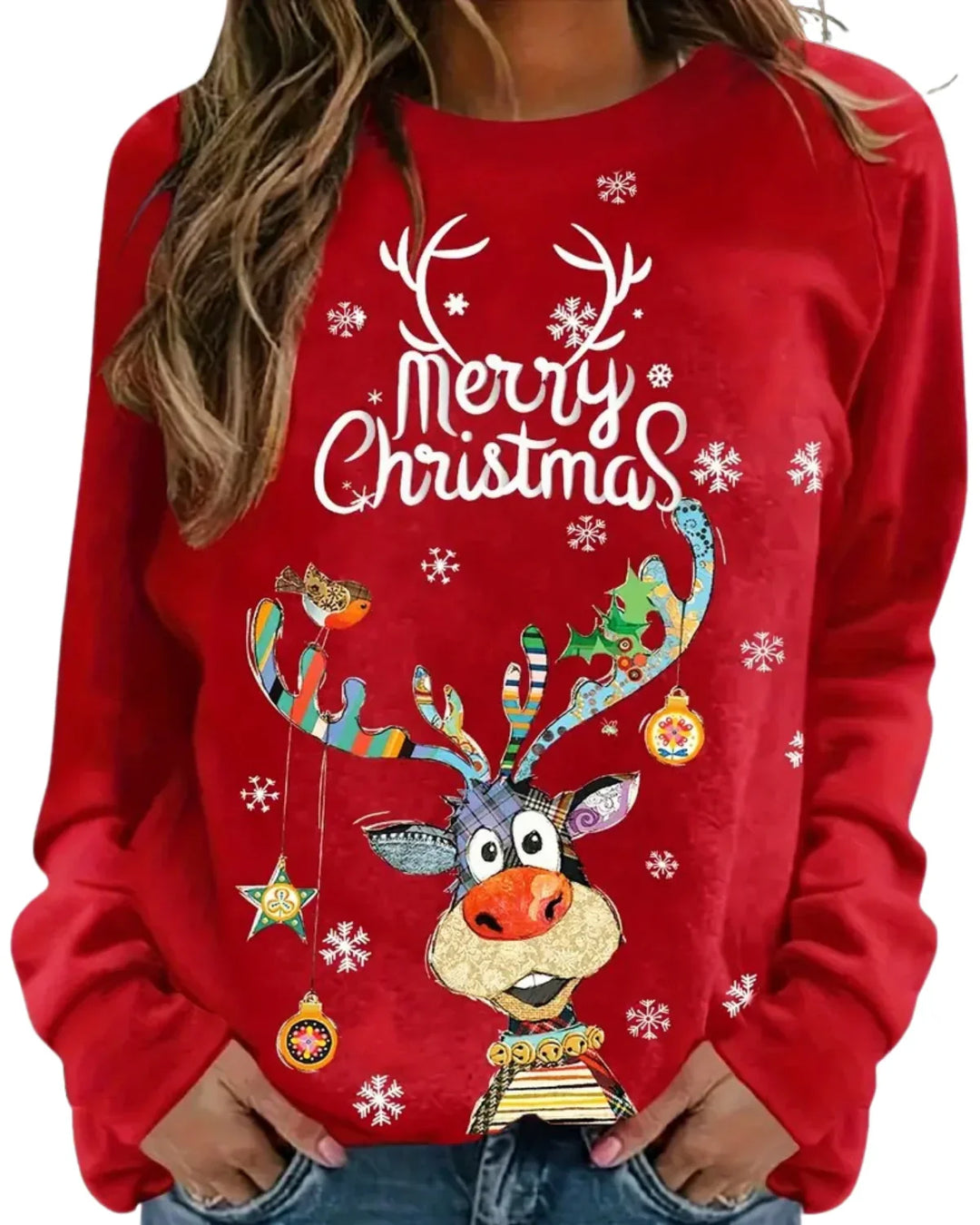 "Dames kersttrui met speelse rendierprint, raglanmouwen en ronde hals, ideaal voor feestdagen, comfortabel en stijlvol."