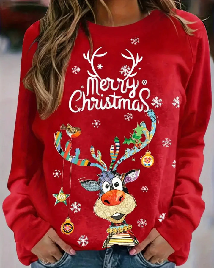 "Dames kersttrui met speelse rendierprint, raglanmouwen en ronde hals, ideaal voor feestdagen, comfortabel en stijlvol."