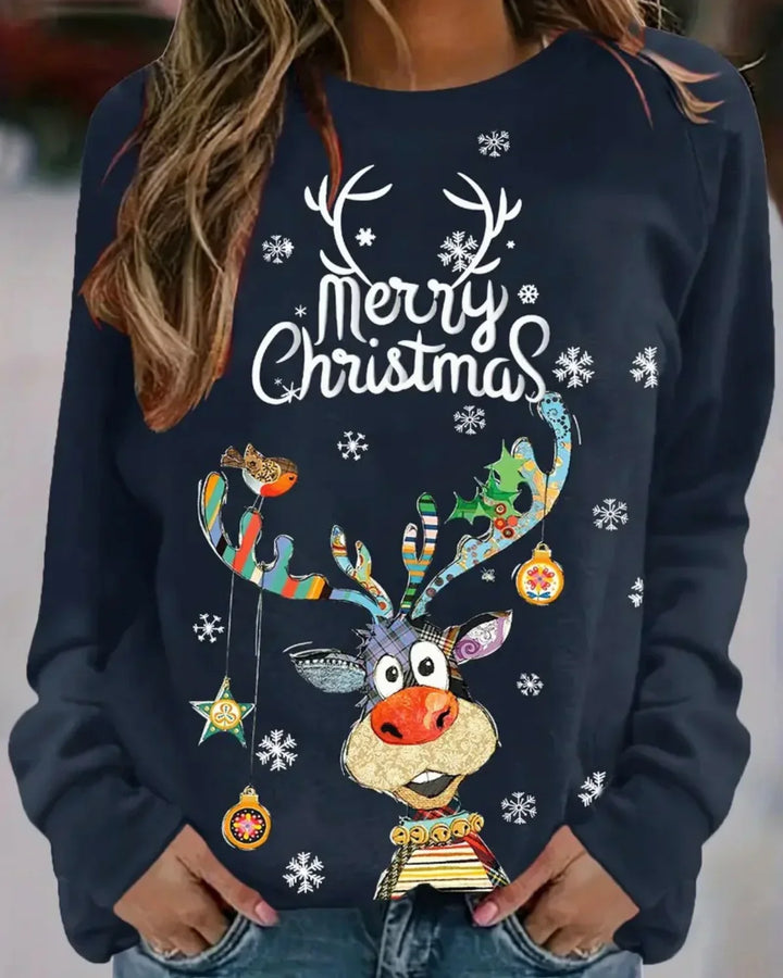 "Dames kersttrui met speelse rendierprint, raglanmouwen en ronde hals, ideaal voor feestdagen, comfortabel en stijlvol."