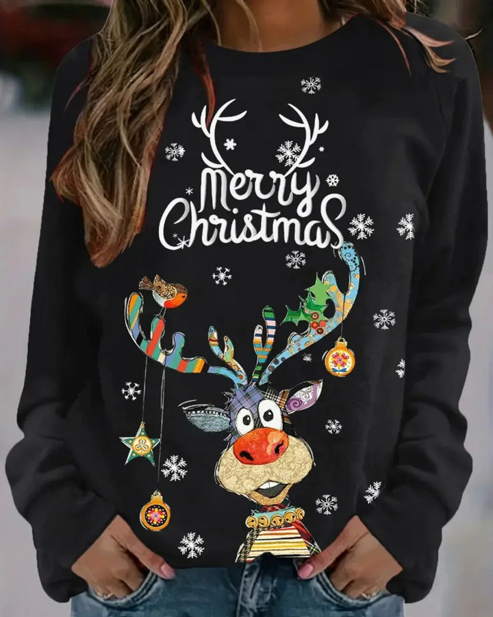 "Dames kersttrui met speelse rendierprint, raglanmouwen en ronde hals, ideaal voor feestdagen, comfortabel en stijlvol."
