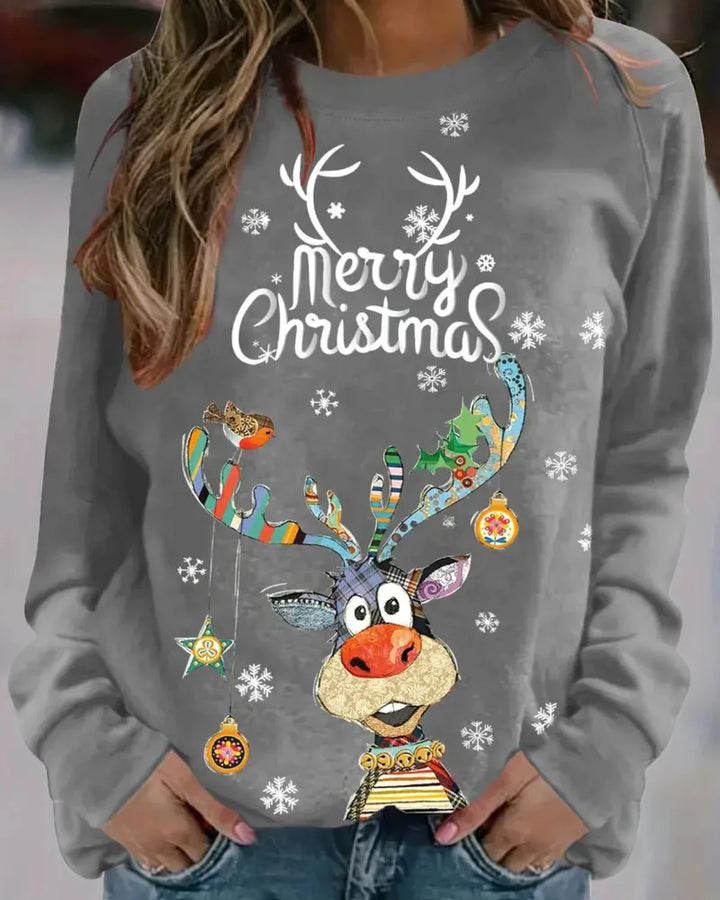 "Dames kersttrui met speelse rendierprint, raglanmouwen en ronde hals, ideaal voor feestdagen, comfortabel en stijlvol."