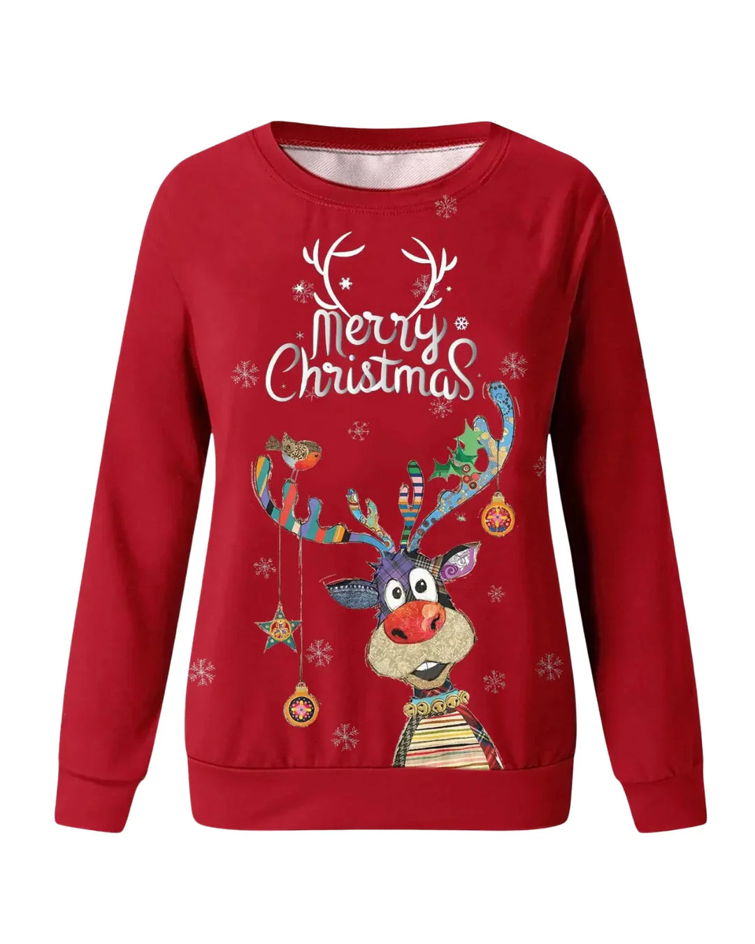 "Dames kersttrui met speelse rendierprint, raglanmouwen en ronde hals, ideaal voor feestdagen, comfortabel en stijlvol."