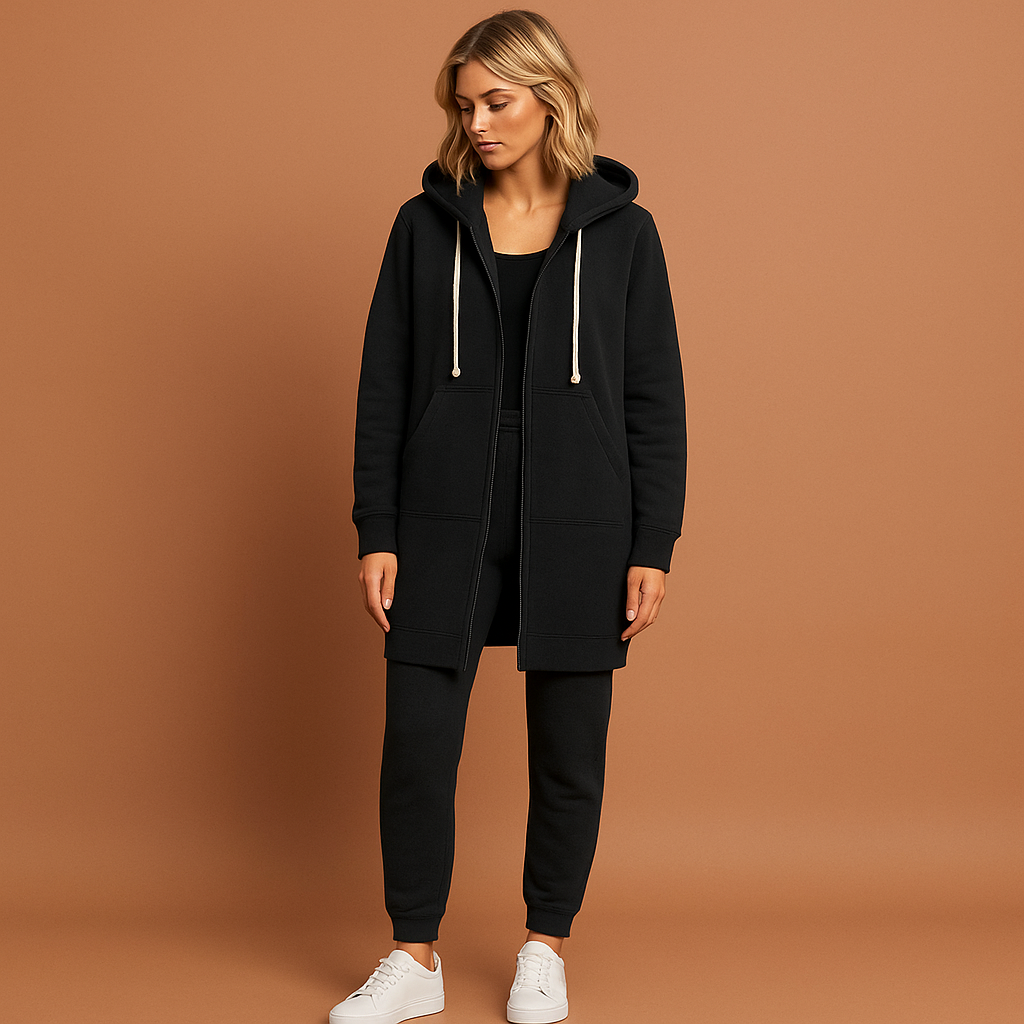 Dames knielange hoodie met ritssluiting, comfortabel en casual voor herfst/winter. Modieus warm ritsvest.