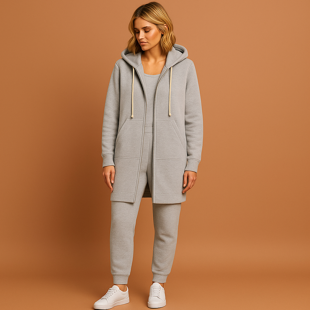 Casual dames knielange hoodie met rits, perfect voor ontspannen dagen. Comfortabel ritsvest, trendy herfst/winter mode.