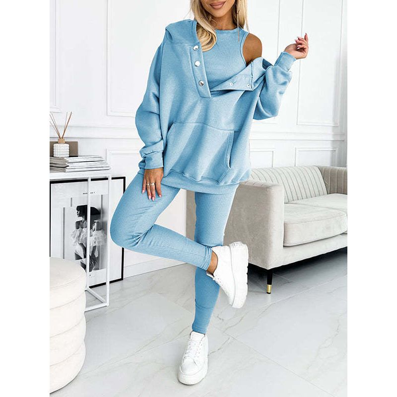 Dames knusse 3-delige blauwe hoodie set voor comfortabele vrijetijdskleding en ontspanning. Stijlvol dames joggingpak.