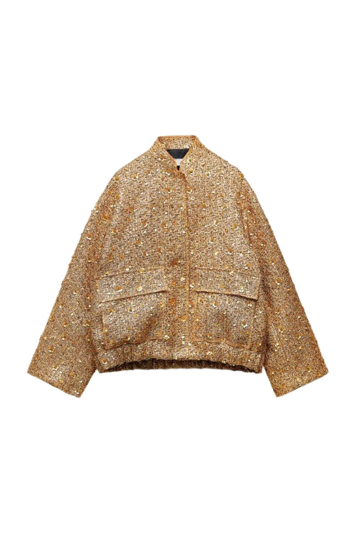 Comfortabele oversized dames glitterjas met kraag; ideaal voor casual en chique looks. Warm en veelzijdig.