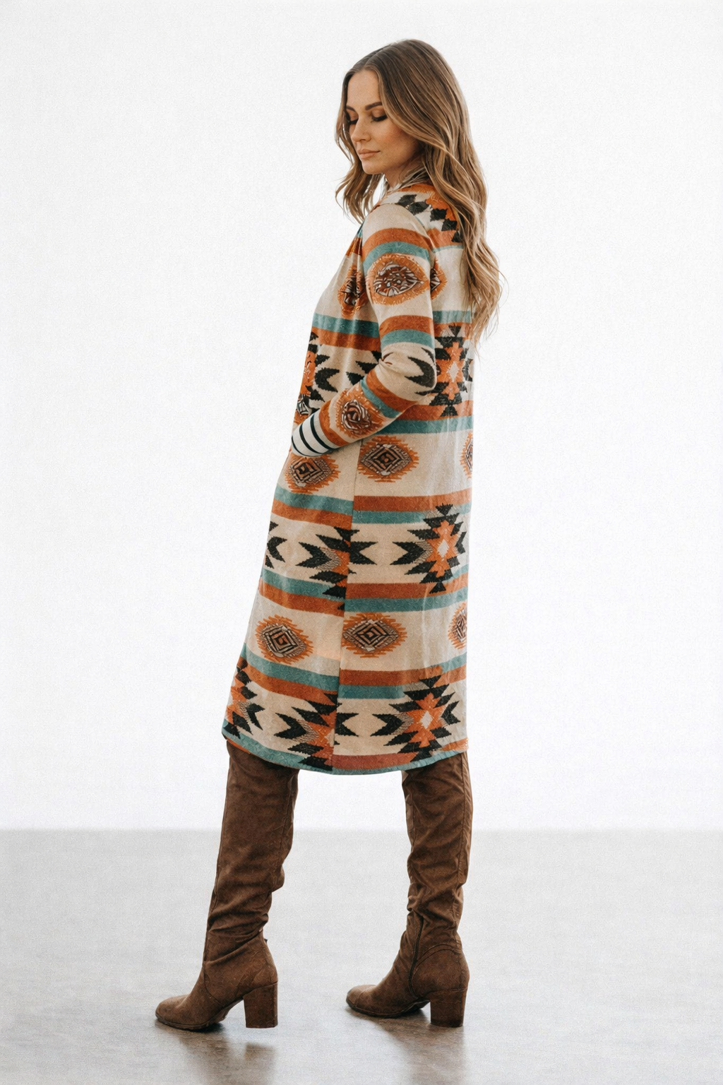 Dames lang open vest met trendy veelkleurige geometrische blokken, ideaal voor comfortabele lente/herfst laagjes.