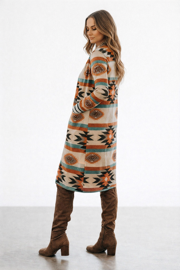 Dames lang open vest met trendy veelkleurige geometrische blokken, ideaal voor comfortabele lente/herfst laagjes.
