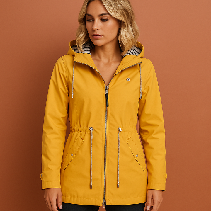 Dames lange waterdichte regenjas met capuchon, ideaal voor buitenactiviteiten in de herfst en lente.