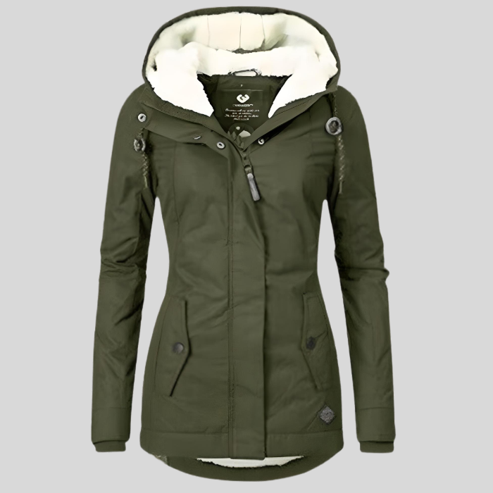 Zijaanzicht van een modieuze waterdichte winterjas voor dames, lang model en warm gevoerd.