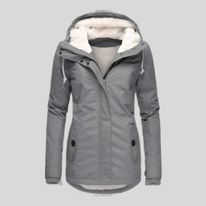 Dames winterjas met capuchon aan de voorkant, waterdicht en gevoerd, perfect voor de koude dagen.