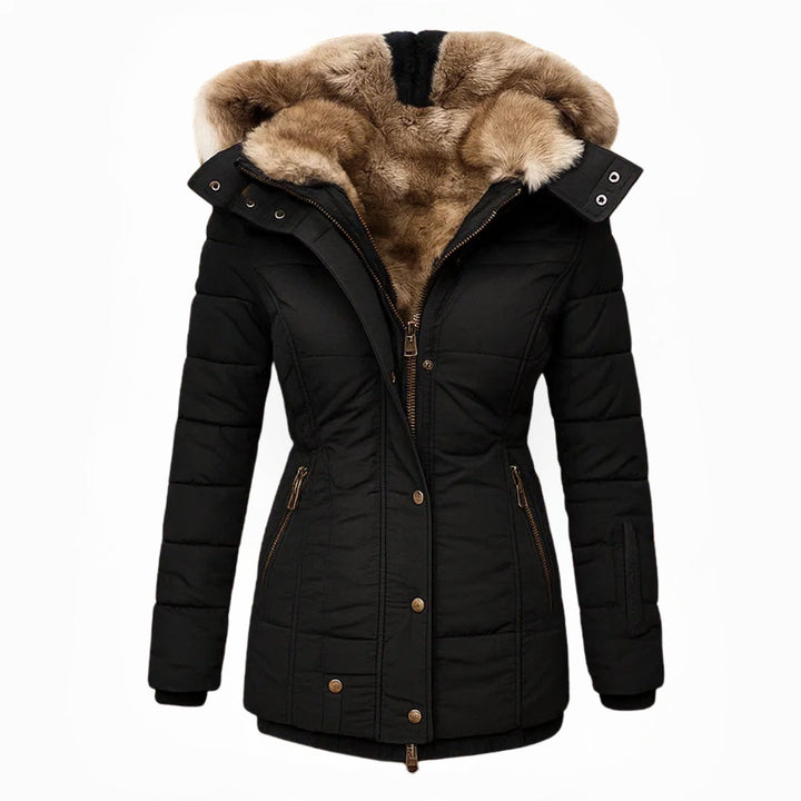Dames lange winterjas met capuchon, elegante en getailleerde pasvorm voor wintermode.