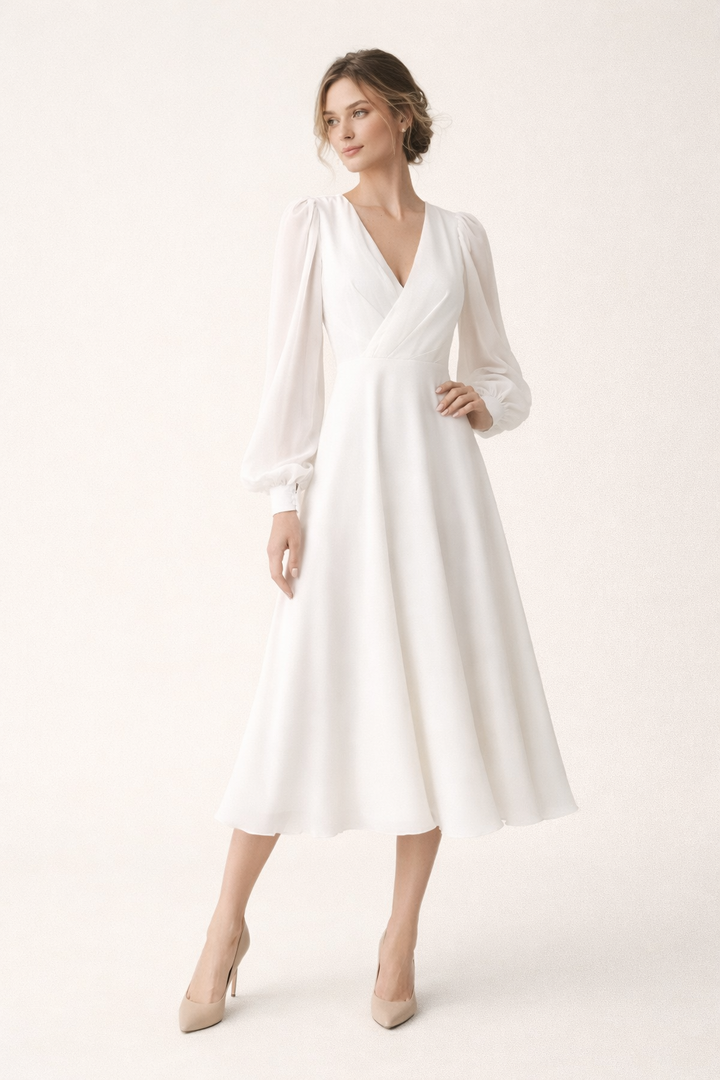Dames lange witte jurk met elegante V-hals en trendy pofmouwen. Perfecte feestjurk voor damesmode.