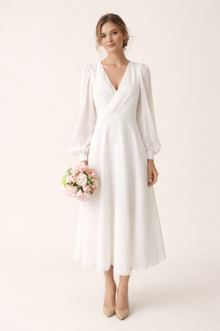 Stijlvolle dames lange jurk met lange pofmouwen en diepe V-hals. Trendy witte jurk voor modebewuste vrouwen.