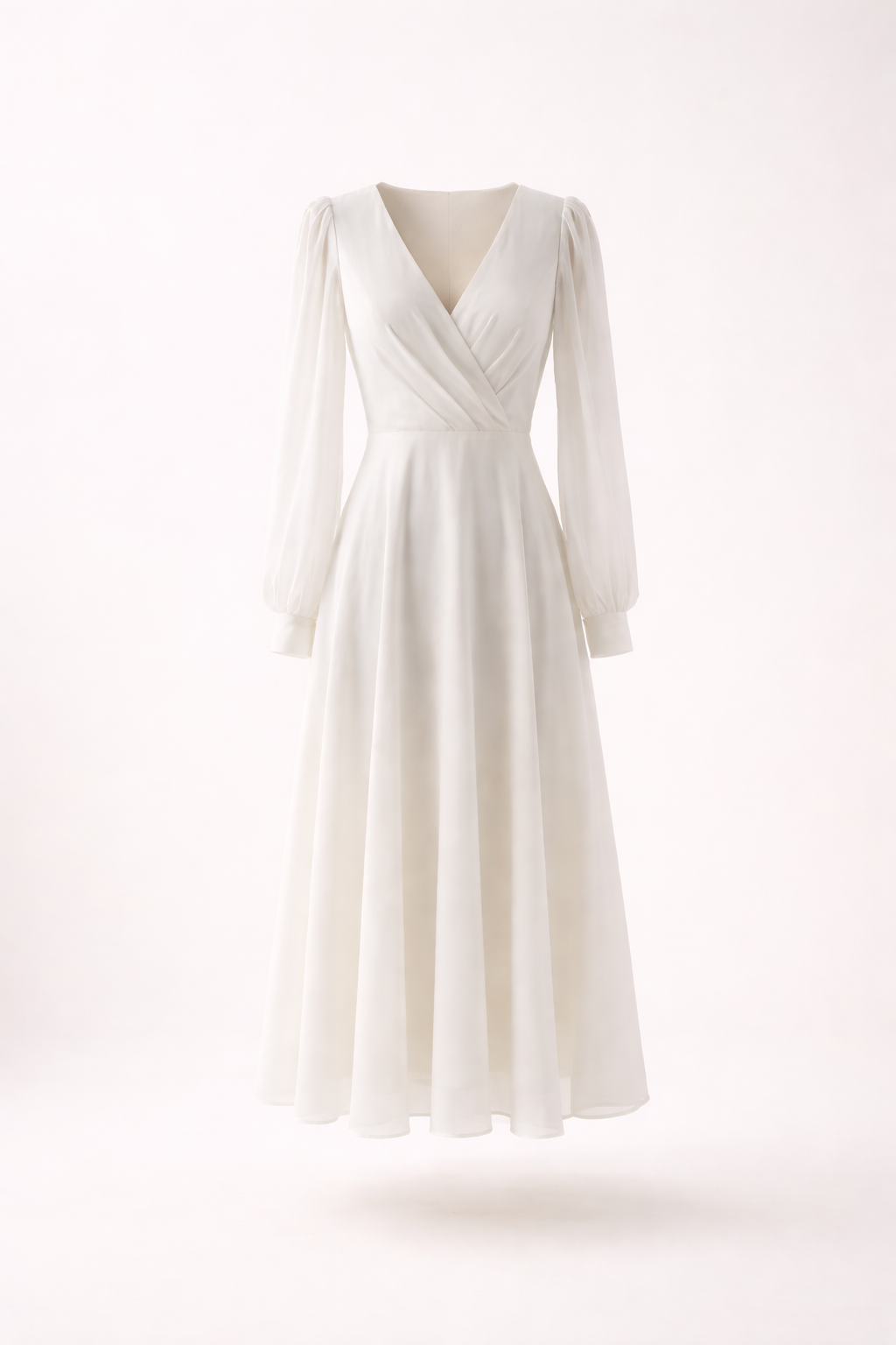 Witte dames jurk met V-hals en volumineuze pofmouwen. Comfortabele feestjurk met lange mouwen.