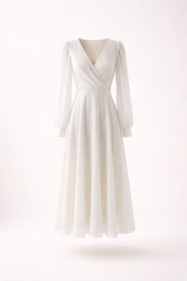 Witte dames jurk met V-hals en volumineuze pofmouwen. Comfortabele feestjurk met lange mouwen.