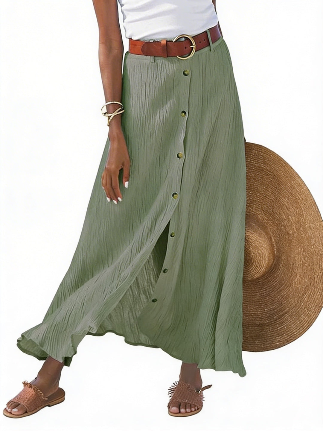 Dames lange zomerrok met knoopsluiting, A-lijn pasvorm, perfect voor een elegante zomerlook.