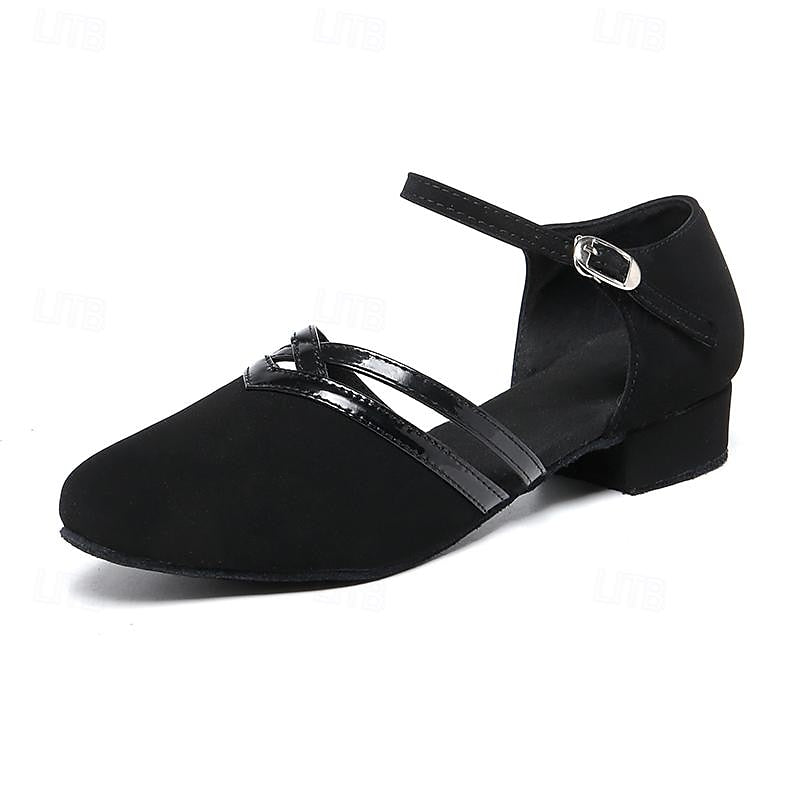 "Dames Latin Ballroom dansschoenen met suède antislip zool, satijnen bovenwerk en gewatteerde binnenzool voor comfort."