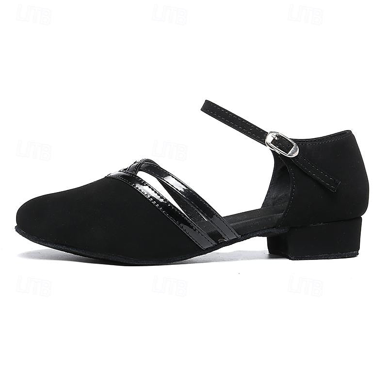 "Dames Latin Ballroom dansschoenen met suède antislip zool, satijnen bovenwerk en gewatteerde binnenzool voor comfort."