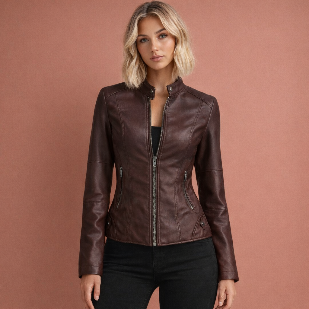 Stijlvolle dames bikerjas met lerenlook, getailleerd model voor een krachtige en modieuze uitstraling.