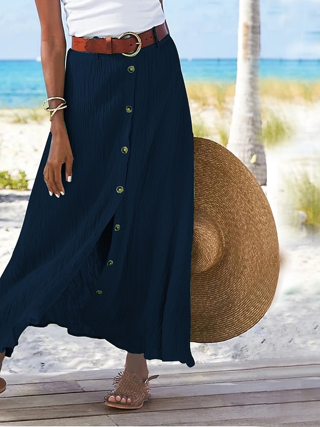 "Dames linnen maxi rok, vloeiende pasvorm, beschikbaar in groen, marineblauw, oranje, elegant en comfortabel design."