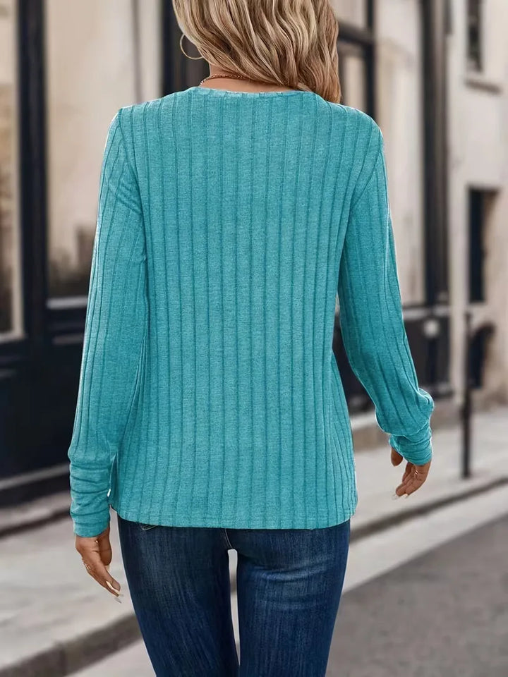 Ribstructuur longsleeve, dames, met rondehals; trendy en veelzijdig voor casual lente/herfst.