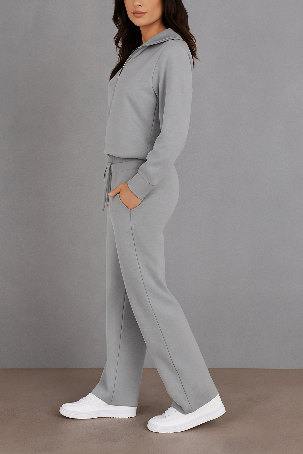 Stijlvolle dames lounge set, compleet met ritssluiting. Modieuze vrouwenmode voor een dagelijkse look.