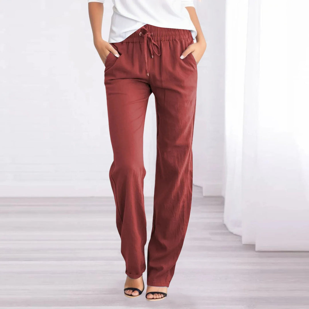 Dames luchtige katoen-linnen broek met wijde pijpen en elastische tailleband, perfect voor zomerse dagen.