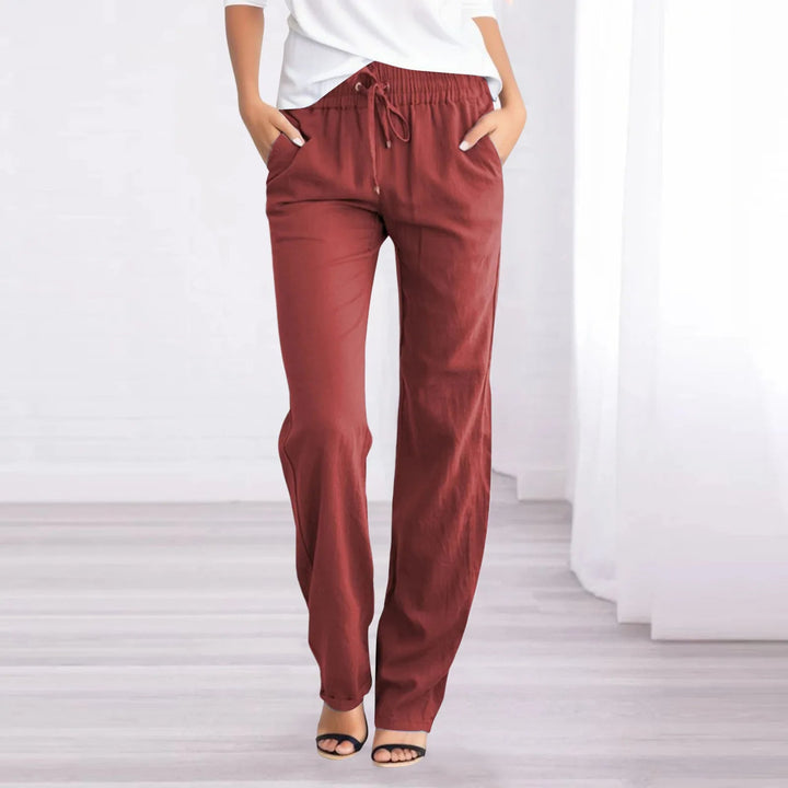 Dames luchtige katoen-linnen broek met wijde pijpen en elastische tailleband, perfect voor zomerse dagen.
