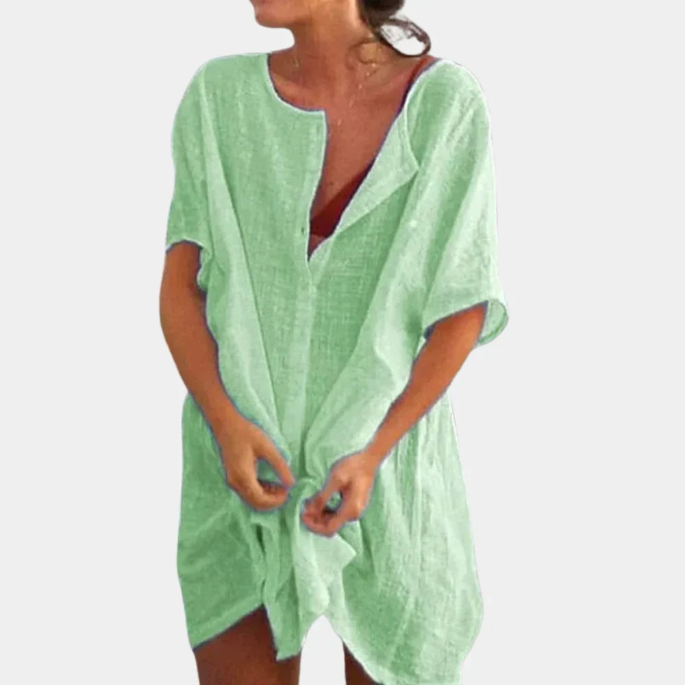 Zomerjurk dames: comfortabele linnenblend strandtuniek, ideaal voor een relaxte dag.