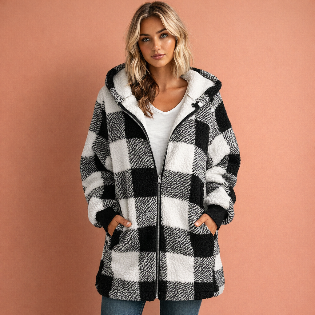 Dames manteljas met capuchon en stijlvol ruitpatroon. Warme en comfortabele winterjas voor vrouwen.